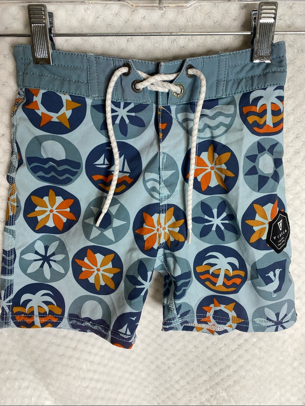 VISSLA Light Blue Swim Trunks Board Shorts with Navy and Orange Medallions